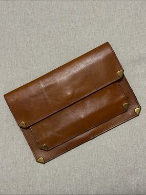 Vintage Leather Envelope Style Clutch with Hidden Wristlet Strap-Metal Corners